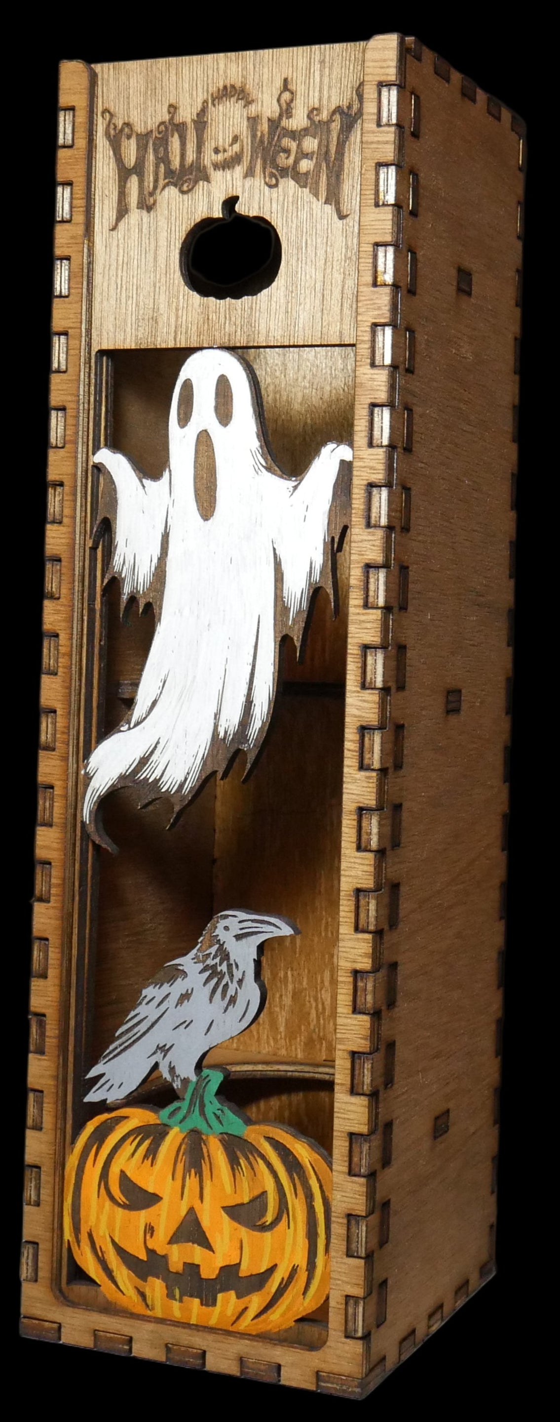 Wooden Halloween-themed decorative wine box with ghost, pumpkin, and crow design.