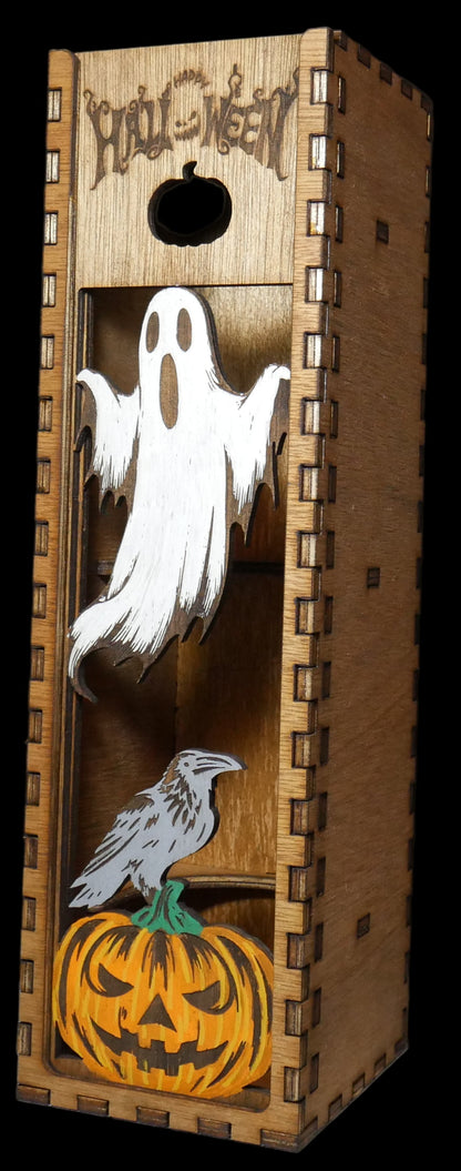 Wooden Halloween-themed decorative wine box with ghost, pumpkin, and crow design.